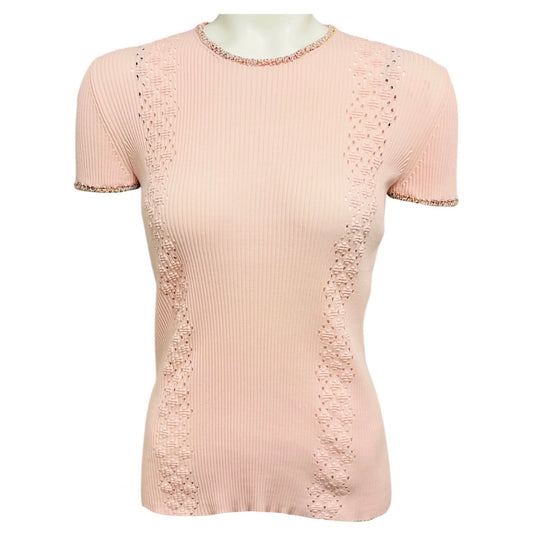Chanel Light Pink 2017 Cruise Collection Paris-Cuba Short Sleeved Cotton Knit Top with Pointelle Detail