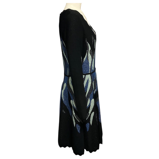 Elie Saab Black / Light Blue / Blue Metallic Knit Long Sleeved V-Neck Flared Dress