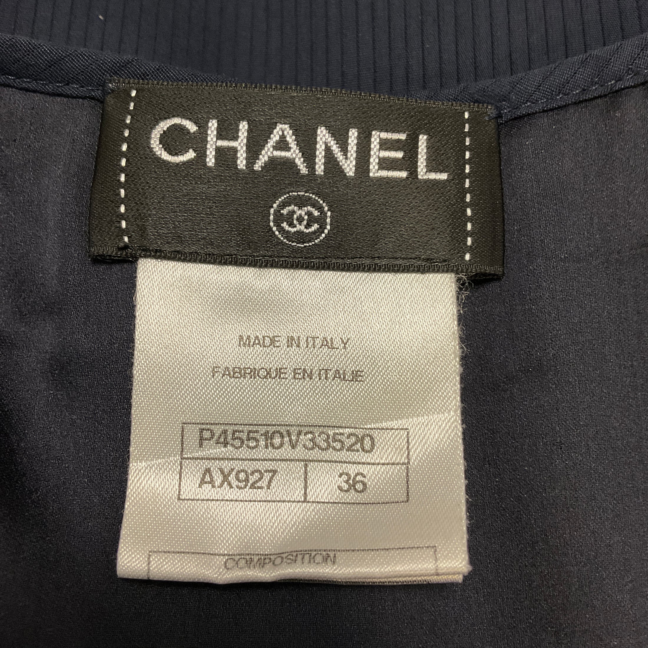 Chanel Navy Blue Ruffle Neck Cotton Top
