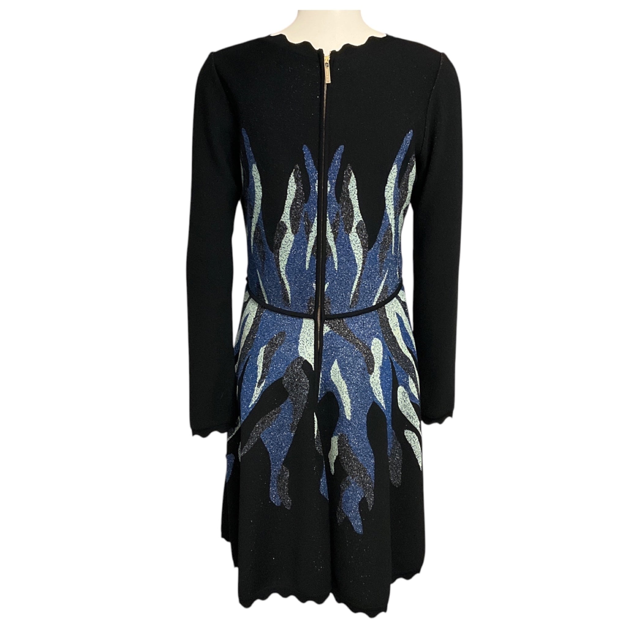 Elie Saab Black / Light Blue / Blue Metallic Knit Long Sleeved V-Neck Flared Dress