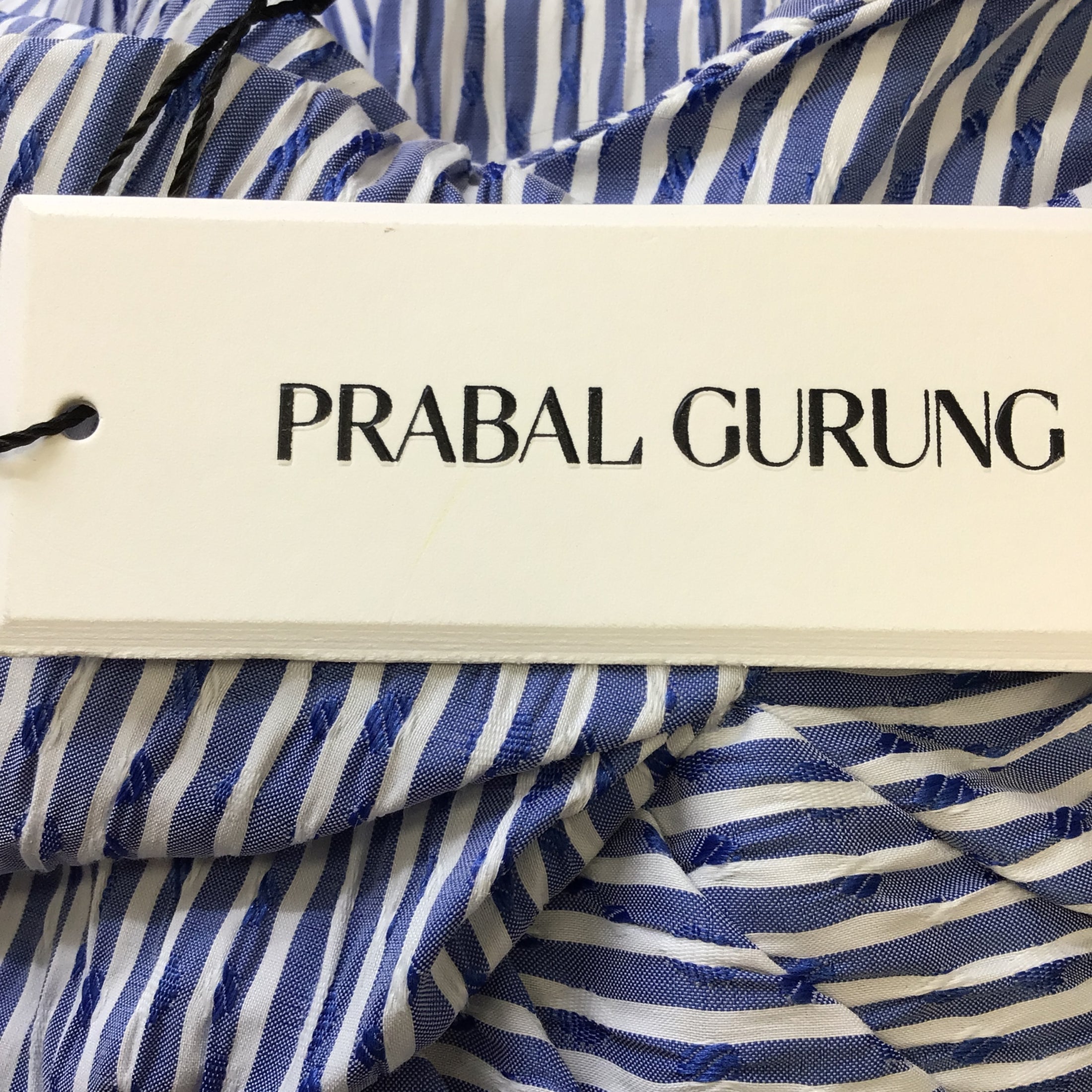 Prabal Gurung Indigo / White Striped Short Sleeved Ruched A-Line Midi Dress