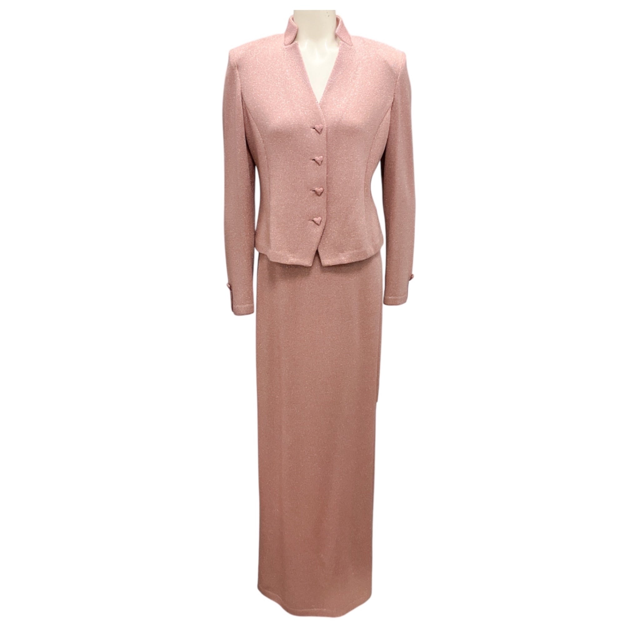St. John Evening Vintage Pink Metallic Knit Jacket and Skirt Set