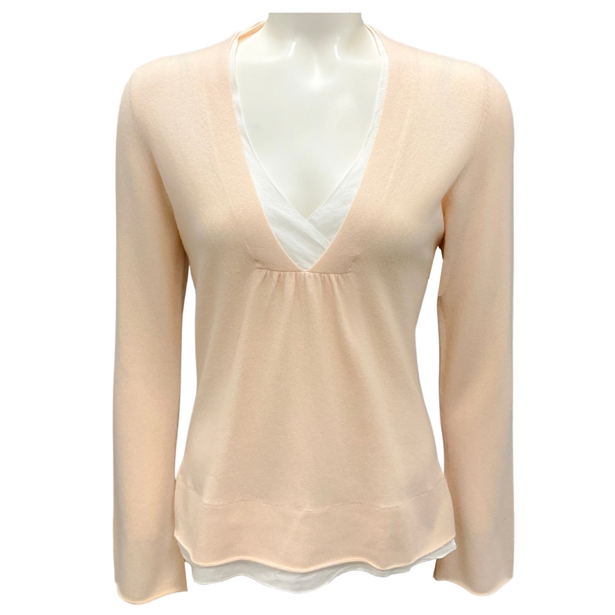 Brunello Cucinelli Peach / White Cashmere Knit and Cotton Sweater