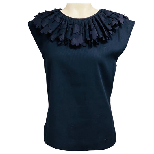 Chanel Navy Blue Ruffle Neck Cotton Top
