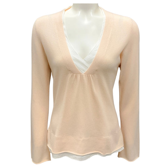 Brunello Cucinelli Peach / White Cashmere Knit and Cotton Sweater