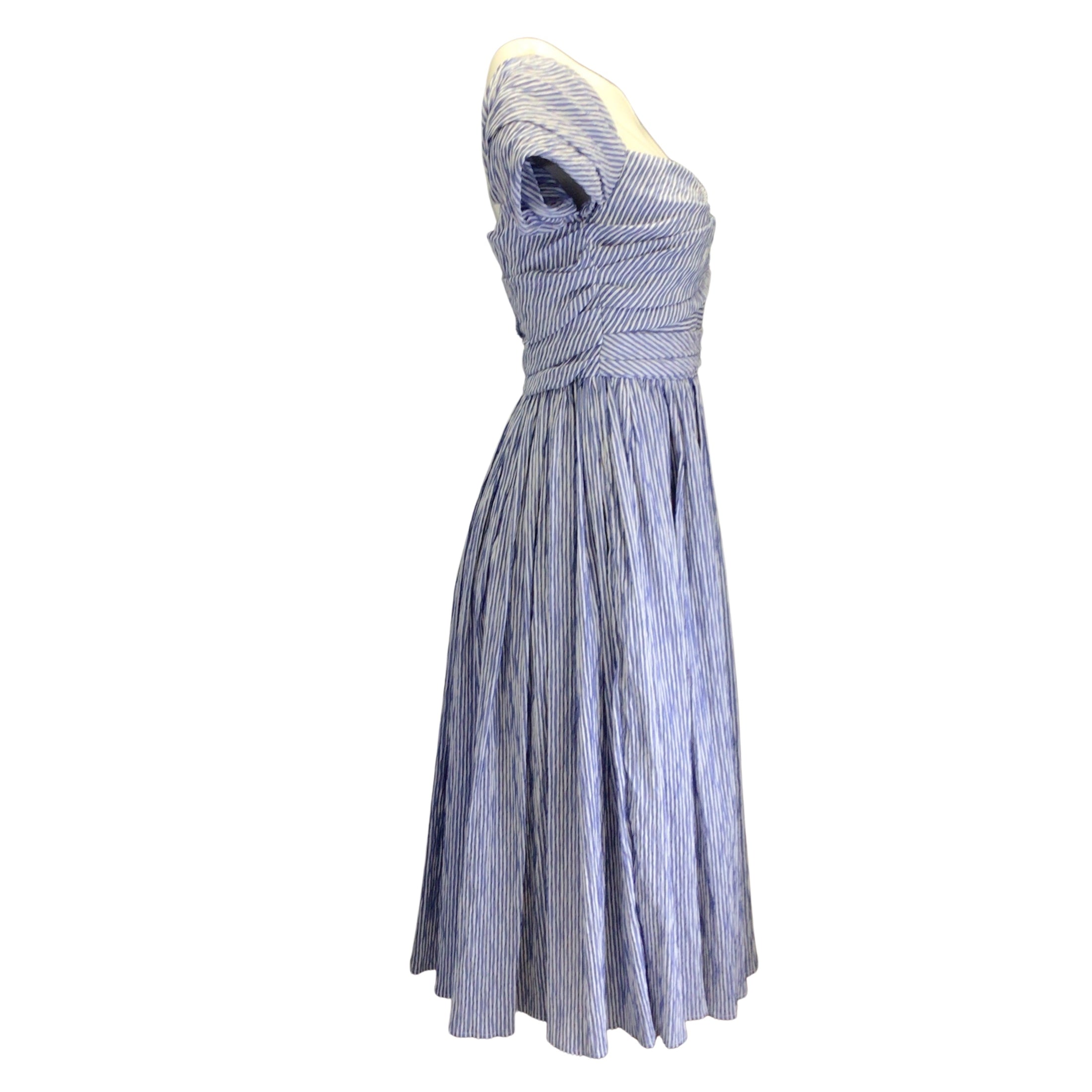 Prabal Gurung Indigo / White Striped Short Sleeved Ruched A-Line Midi Dress