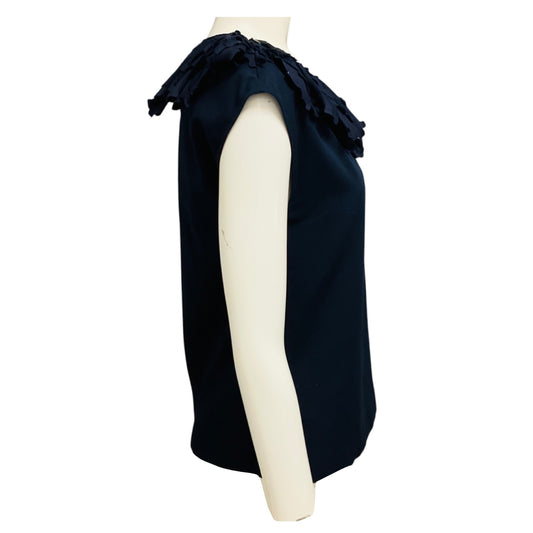 Chanel Navy Blue Ruffle Neck Cotton Top