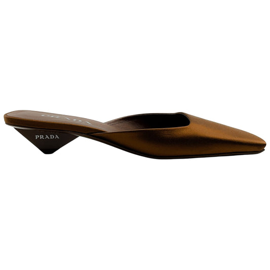 Prada Brown Satin Square Toe Mules with Logo Heel