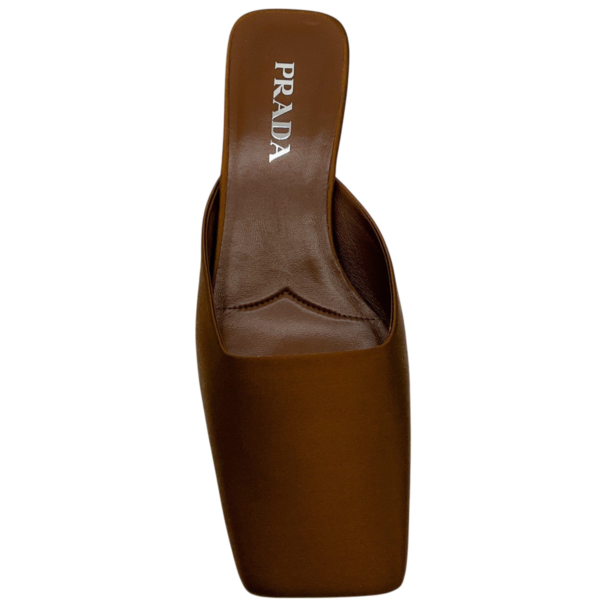 Prada Brown Satin Square Toe Mules with Logo Heel