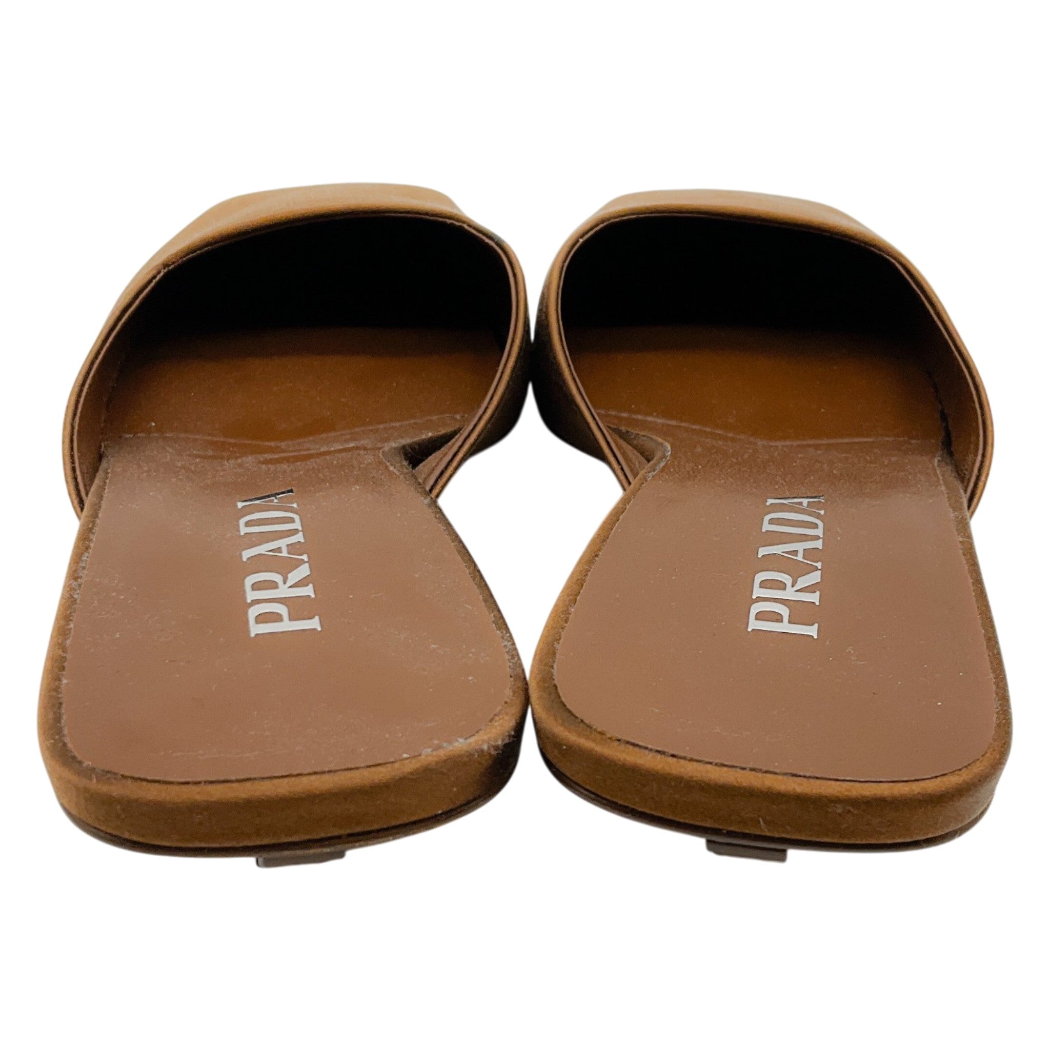 Prada Brown Satin Square Toe Mules with Logo Heel