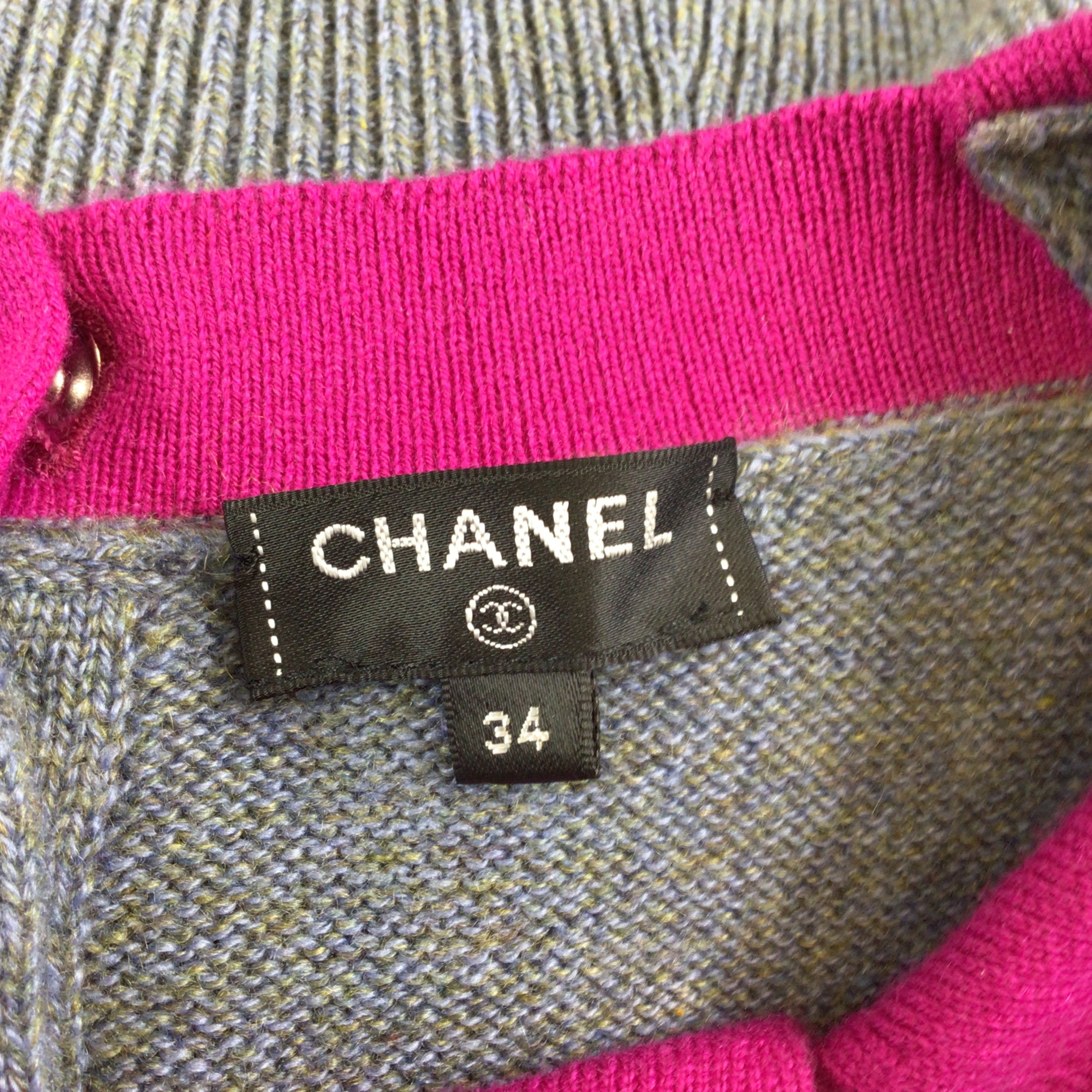 Chanel Blue / Fuchsia Collared Cashmere Knit Pullover Sweater