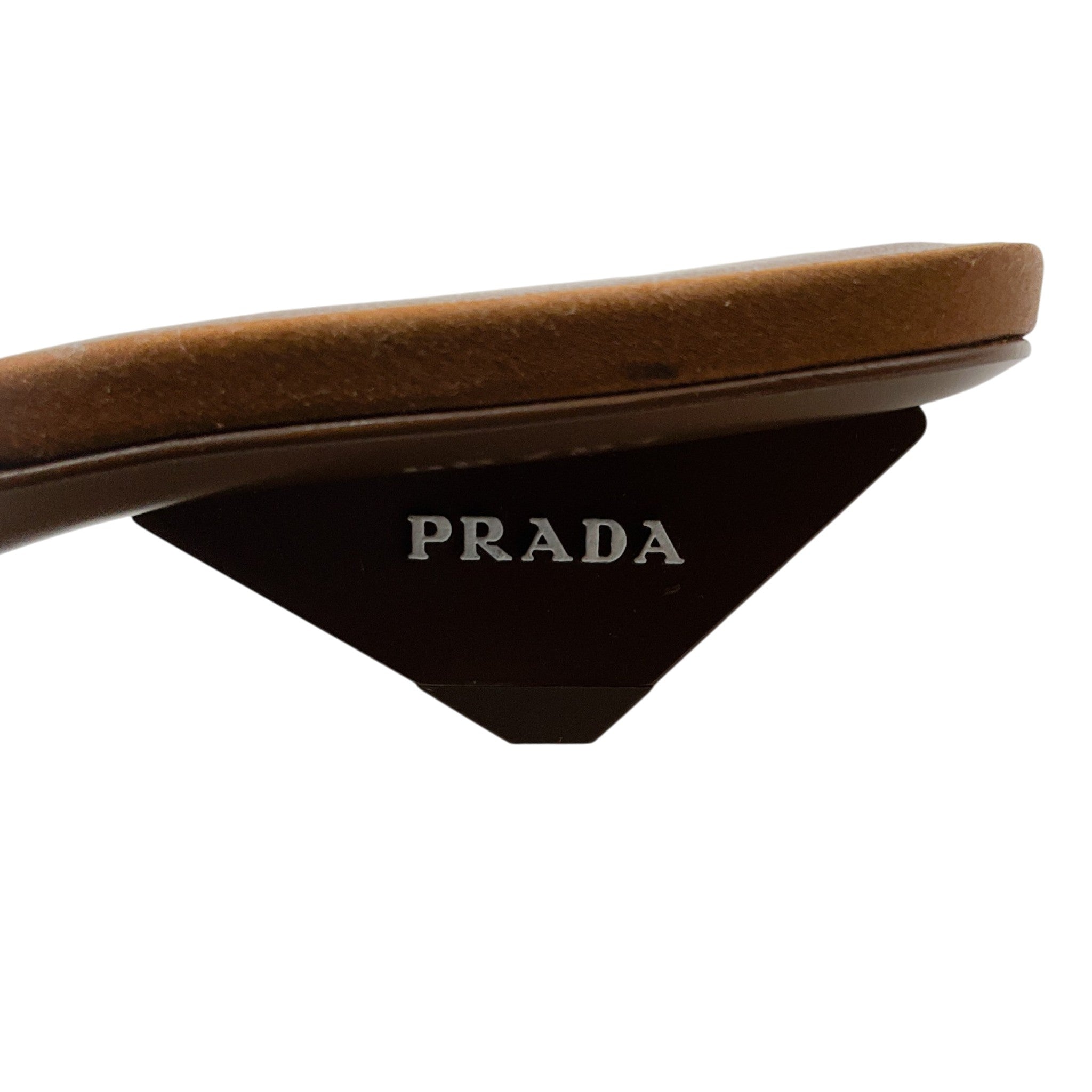 Prada Brown Satin Square Toe Mules with Logo Heel
