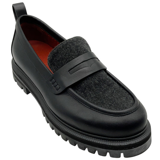 Loro Piana Black Leather Lug Sole Loafers with Charcoal Cashmere

