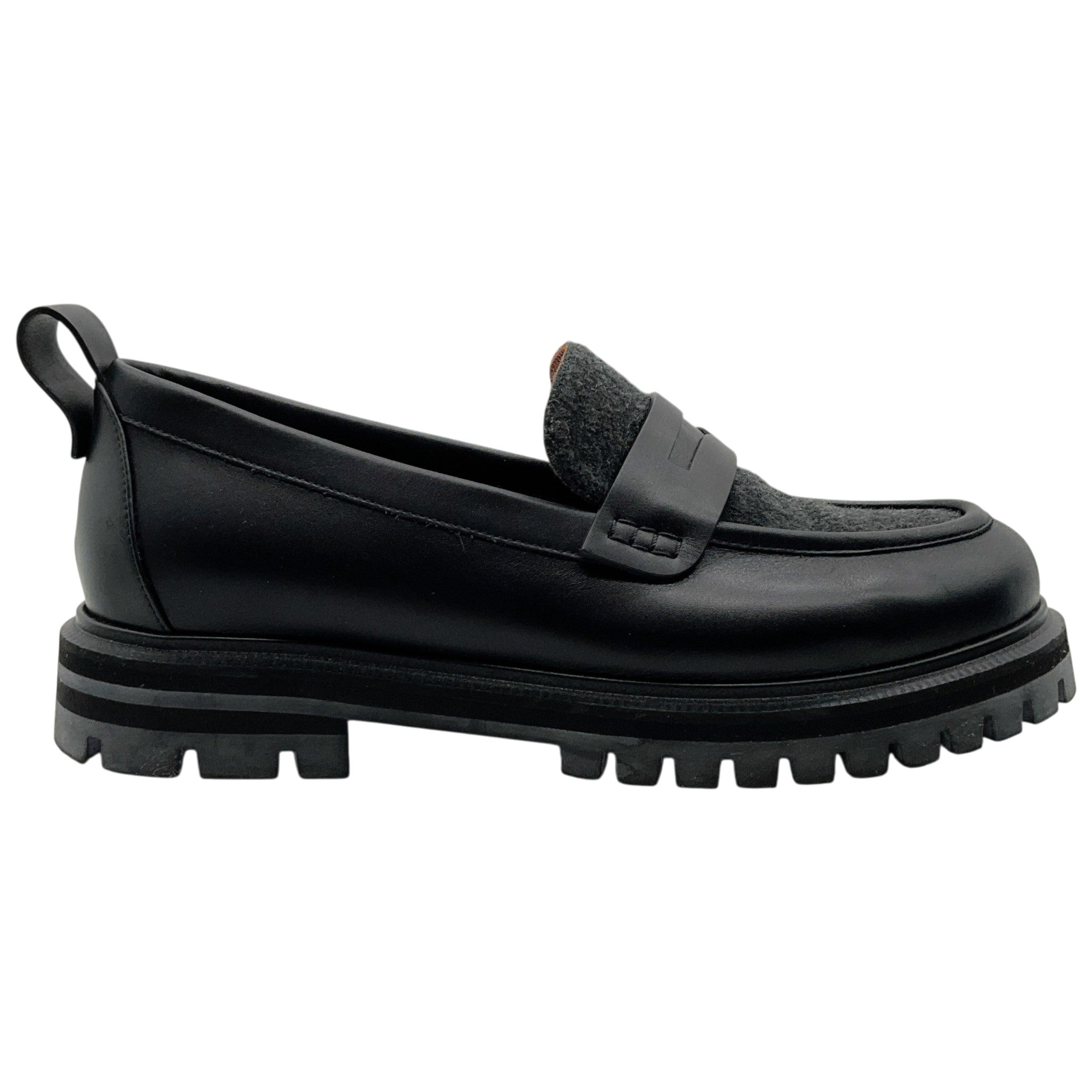 Loro Piana Black Leather Lug Sole Loafers with Charcoal Cashmere