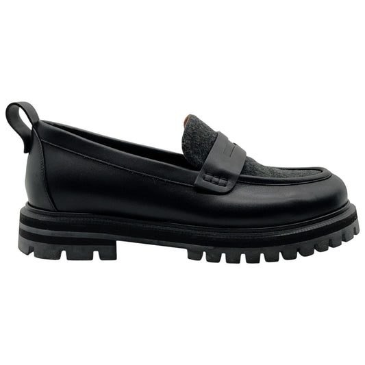 Loro Piana Black Leather Lug Sole Loafers with Charcoal Cashmere