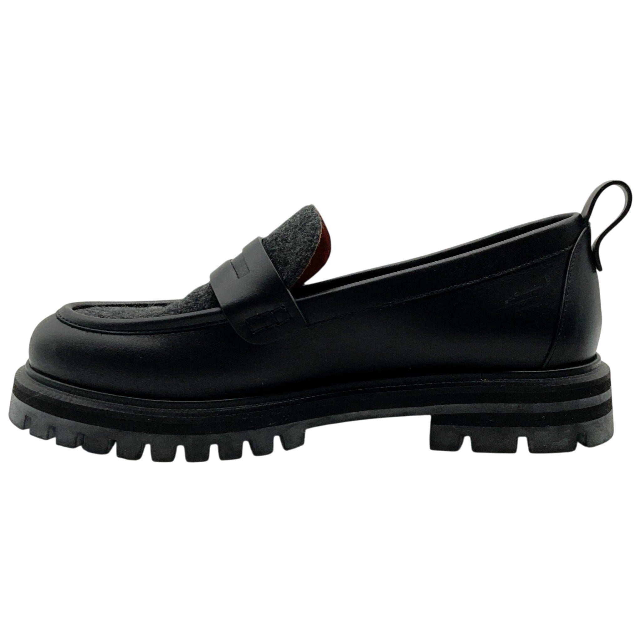 Loro Piana Black Leather Lug Sole Loafers with Charcoal Cashmere