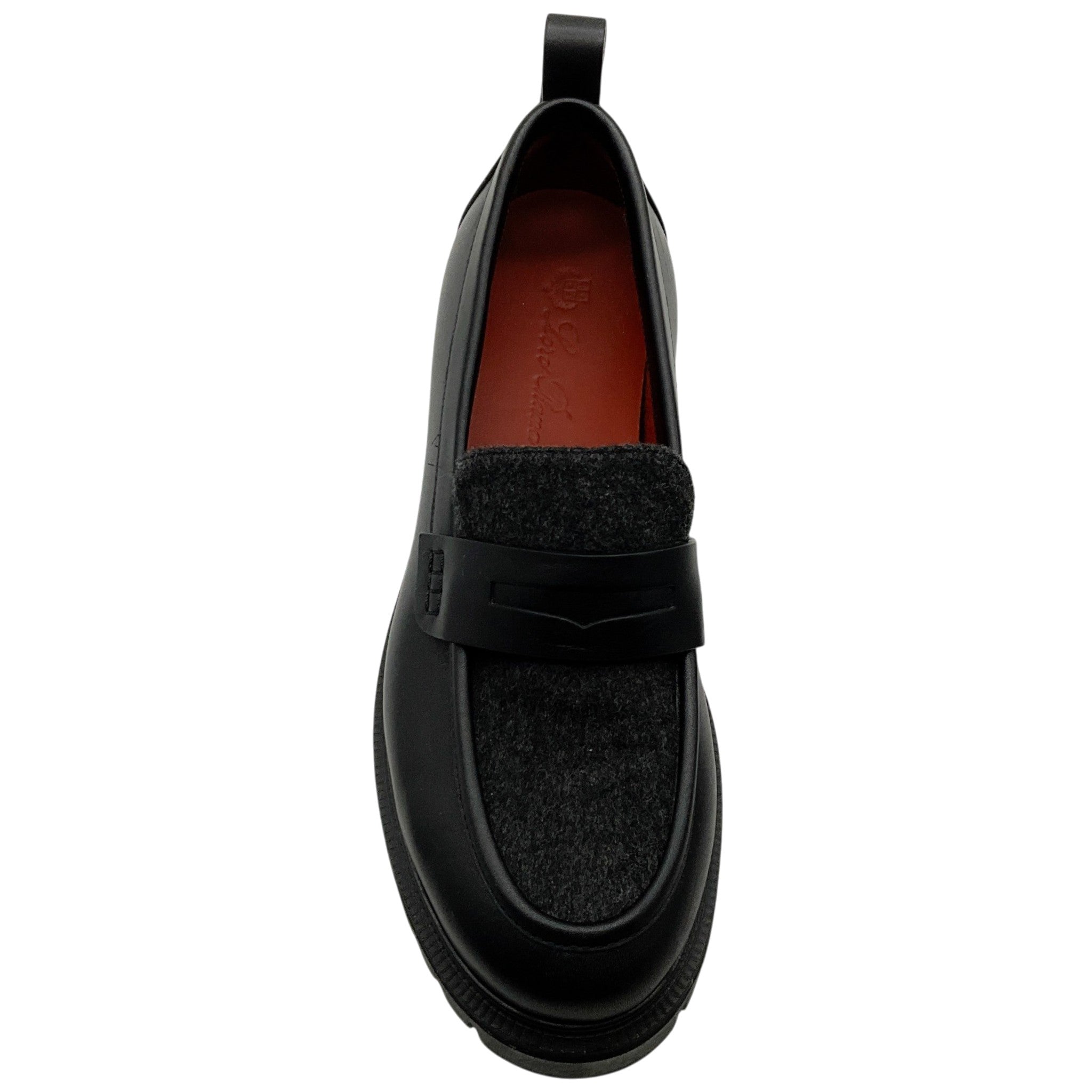 Loro Piana Black Leather Lug Sole Loafers with Charcoal Cashmere