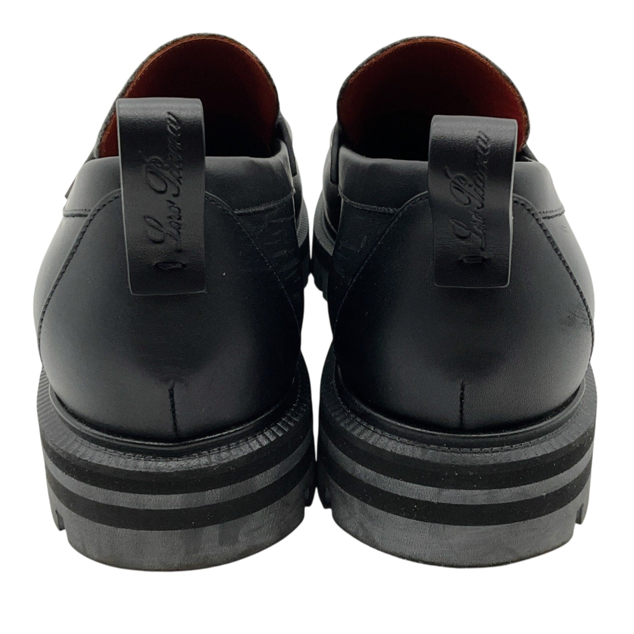 Loro Piana Black Leather Lug Sole Loafers with Charcoal Cashmere