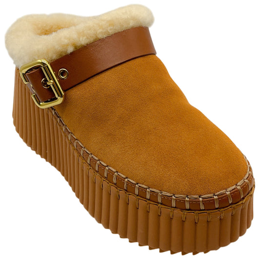 Chloe Pottery Brown Suede Shearling Lined Nama Platform Clogs
