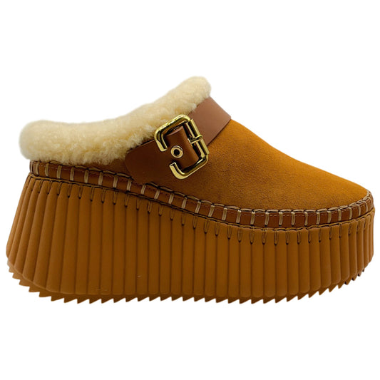 Chloe Pottery Brown Suede Shearling Lined Nama Platform Clogs