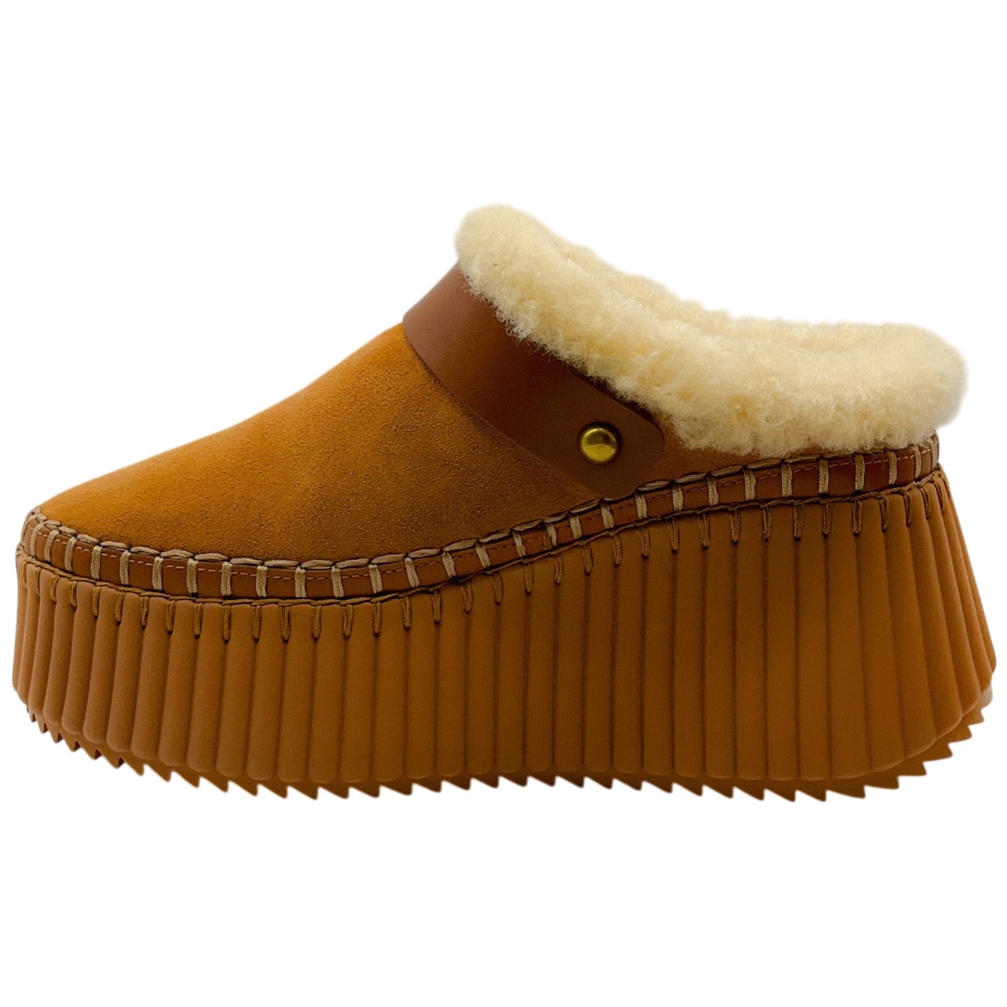 Chloe Pottery Brown Suede Shearling Lined Nama Platform Clogs