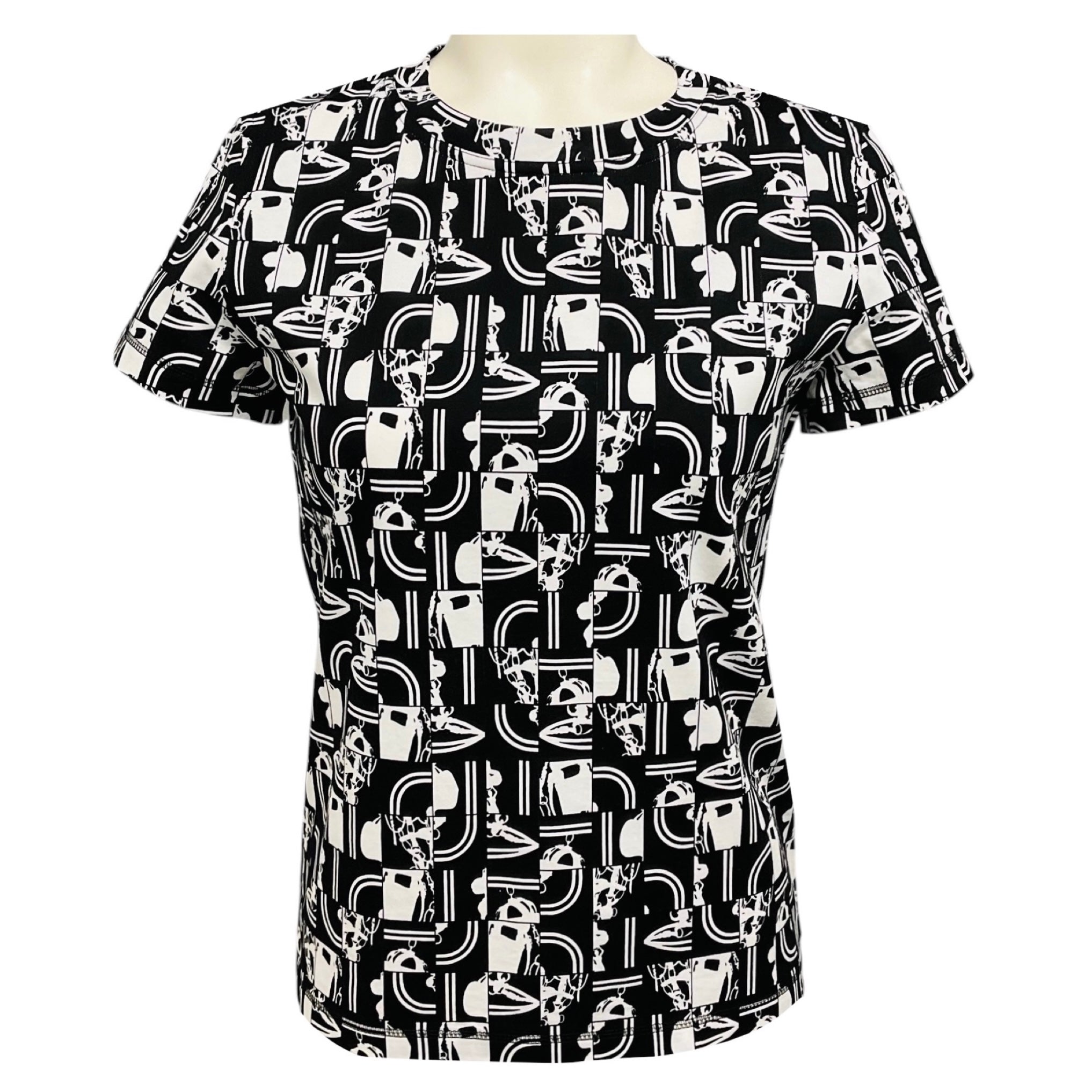 Hermes Black / White Printed Short Sleeved Cotton Top
