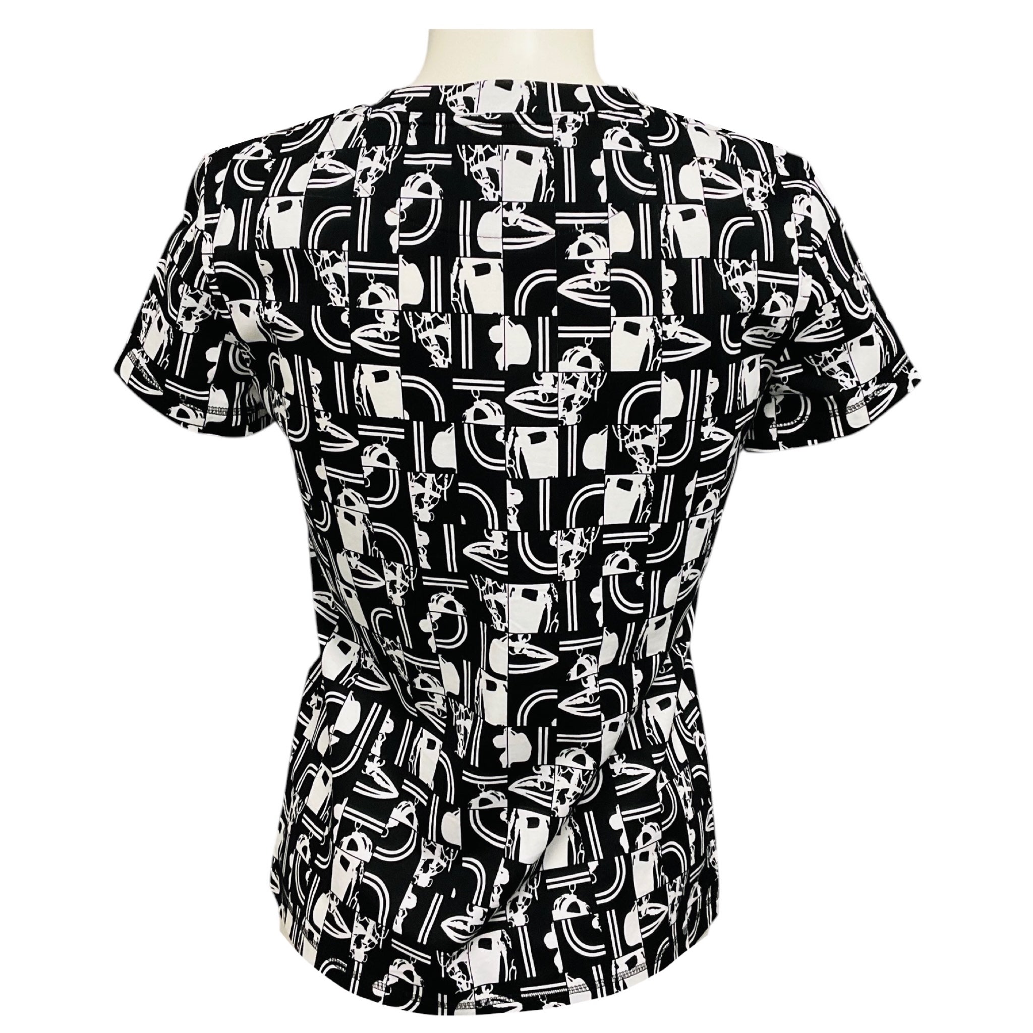 Hermes Black / White Printed Short Sleeved Cotton Top