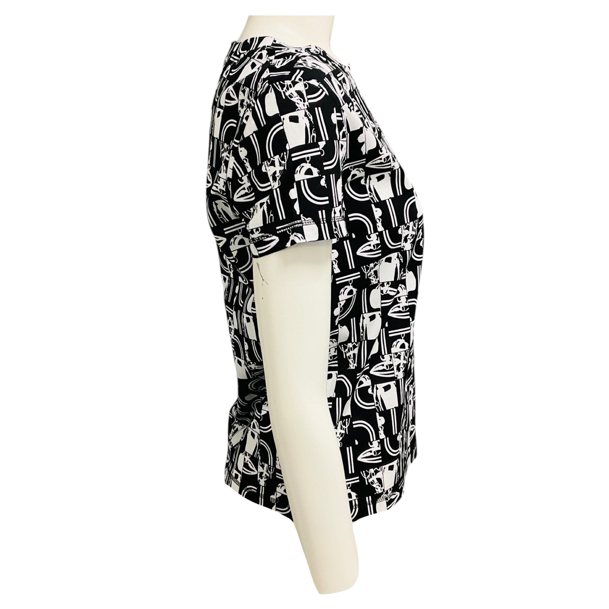 Hermes Black / White Printed Short Sleeved Cotton Top