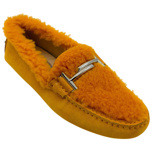 Tod's Orange Shearling Driving Loafers
