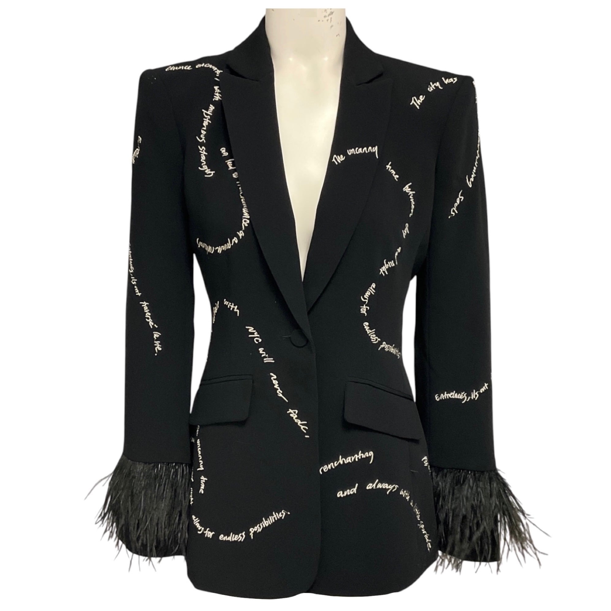Cinq a Sept Black Cheyenne Script Embroidered Blazer with Feather Trim