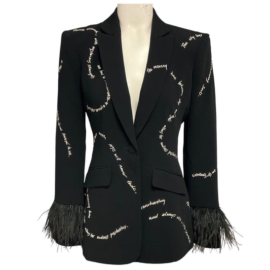 Cinq a Sept Black Cheyenne Script Embroidered Blazer with Feather Trim