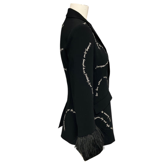 Cinq a Sept Black Cheyenne Script Embroidered Blazer with Feather Trim