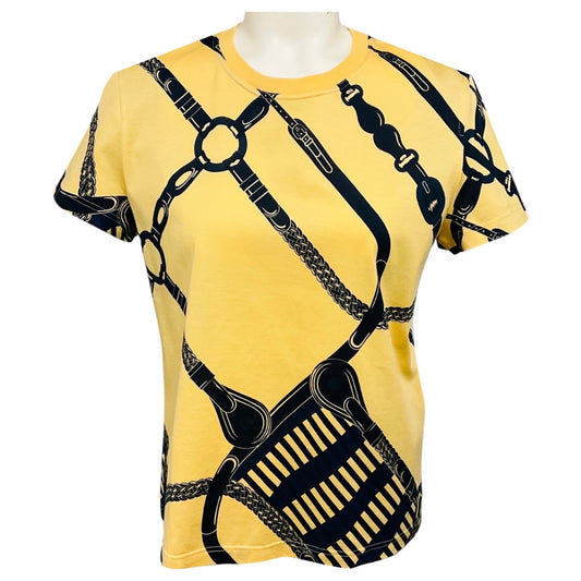 Hermes Pale Yellow / Navy Coaching Remix Graphic Print Short Sleeved Cotton Top