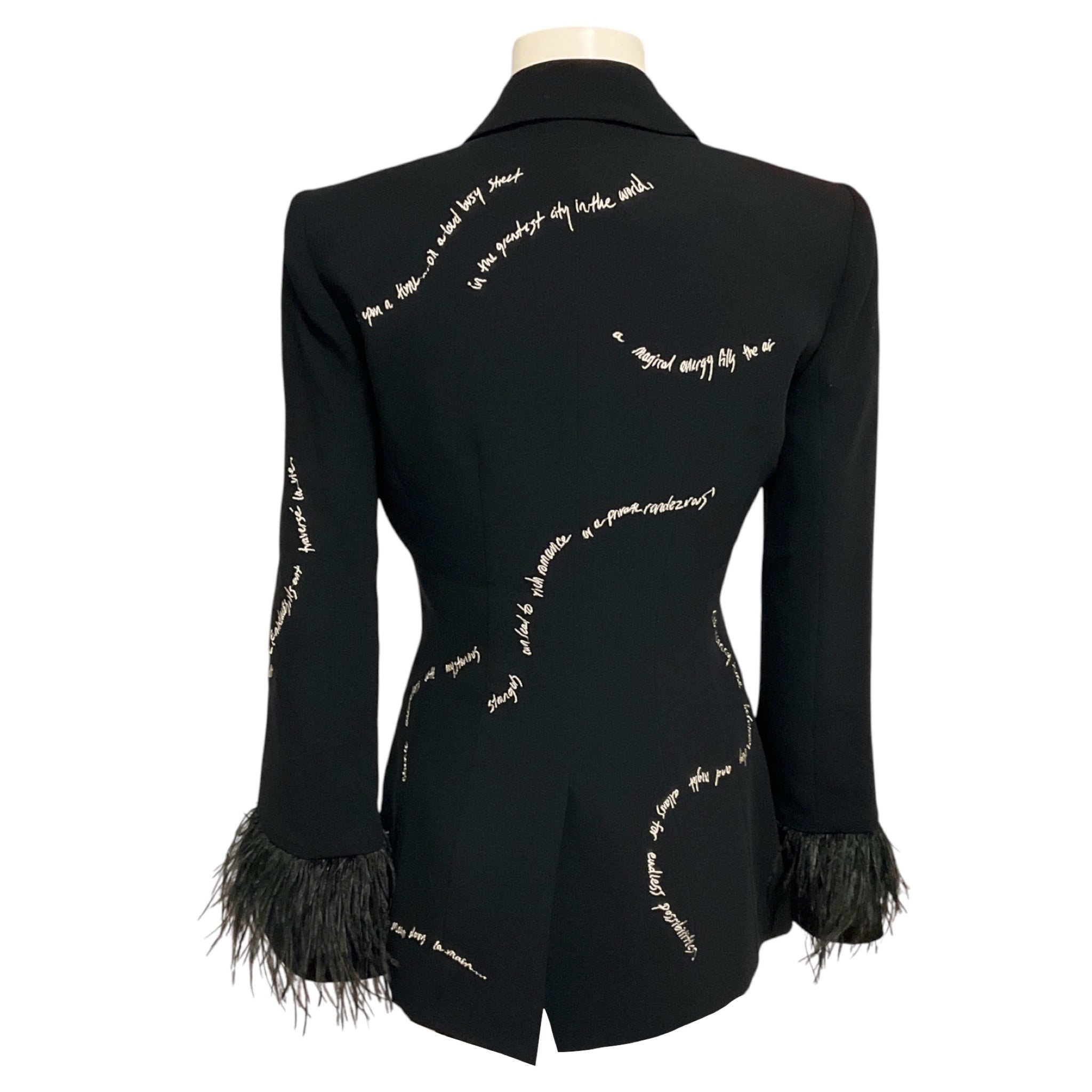Cinq a Sept Black Cheyenne Script Embroidered Blazer with Feather Trim