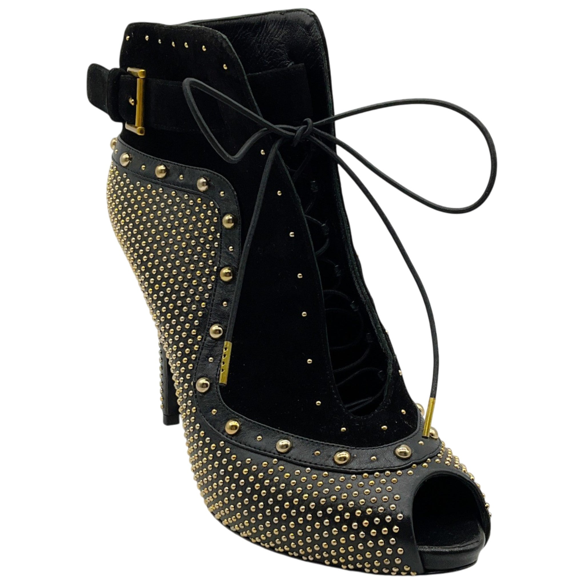 Alexander McQueen Black Suede / Leather Peep Toe Lace Up Booties with Gold Studs
