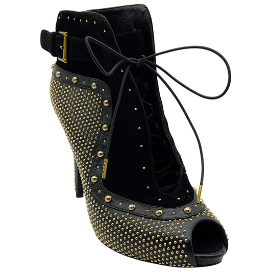 Alexander McQueen Black Suede / Leather Peep Toe Lace Up Booties with Gold Studs
