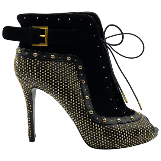 Alexander McQueen Black Suede / Leather Peep Toe Lace Up Booties with Gold Studs
