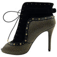 Load image into Gallery viewer, Alexander McQueen Black Suede / Leather Peep Toe Lace Up Booties with Gold Studs

