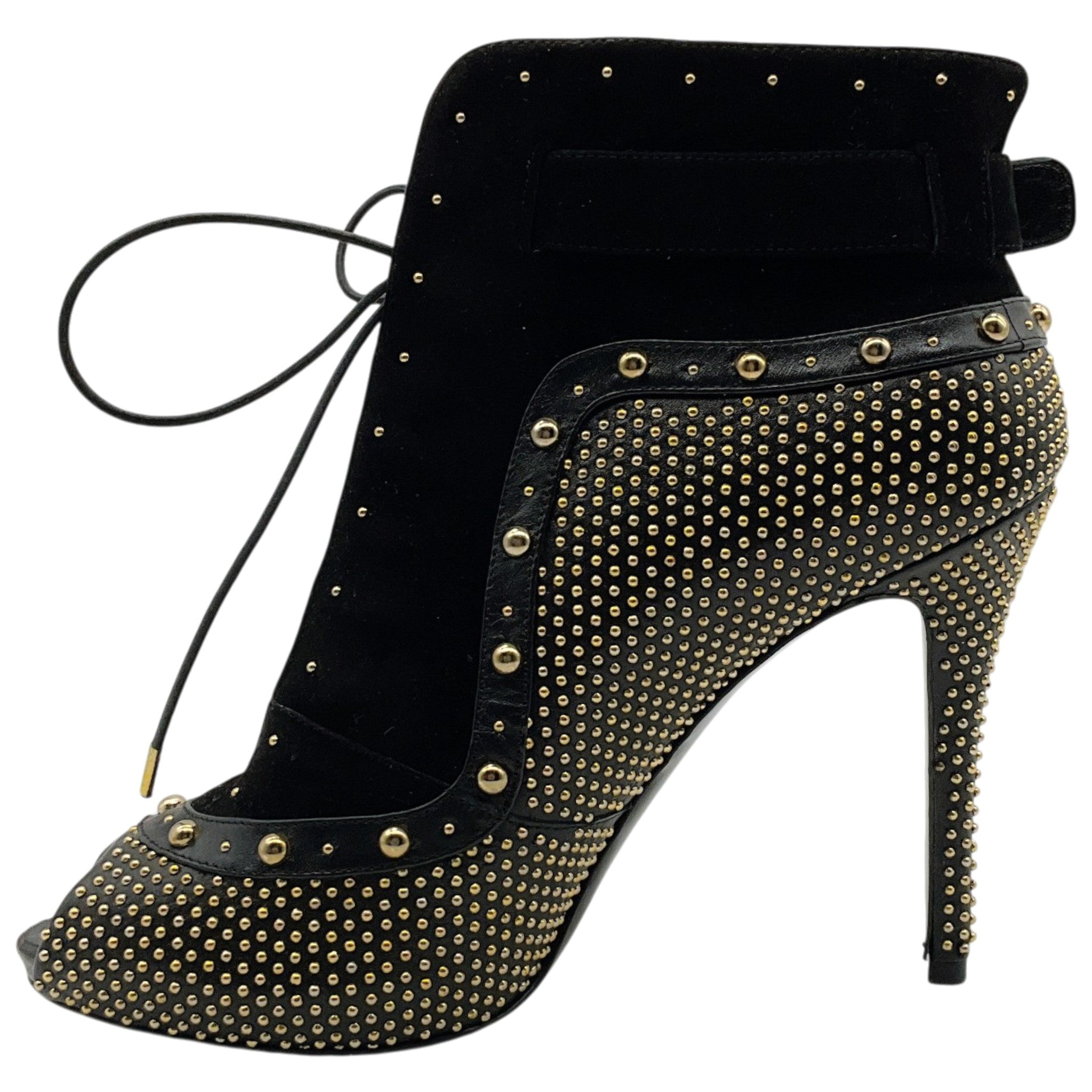 Alexander McQueen Black Suede / Leather Peep Toe Lace Up Booties with Gold Studs