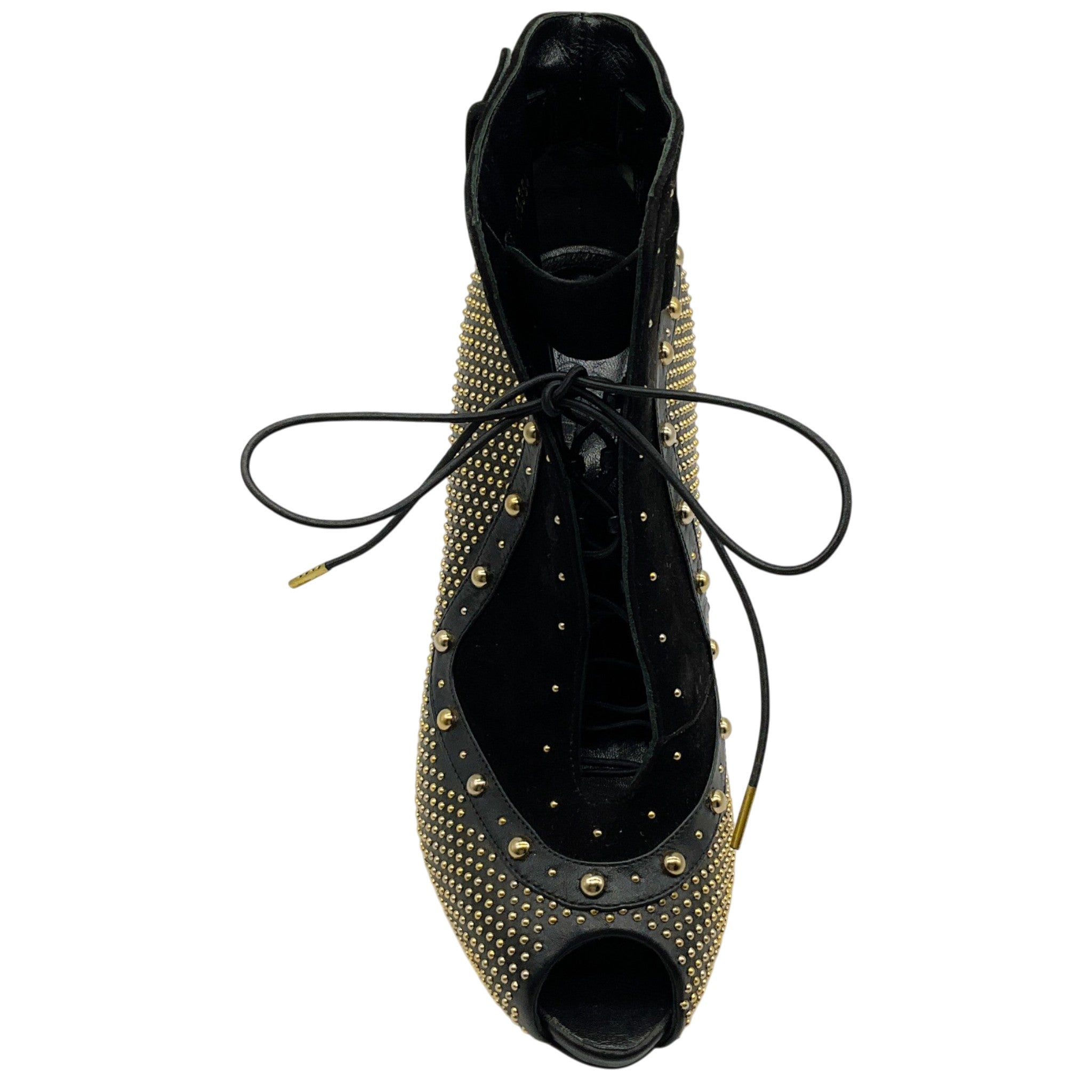 Alexander McQueen Black Suede / Leather Peep Toe Lace Up Booties with Gold Studs