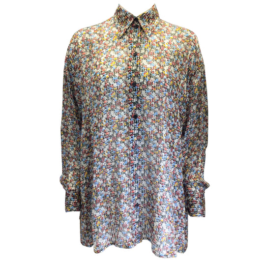 Victoria Beckham Black / Manchester Blue Multi Floral Lurex Stripe Oversized Silk Shirt
