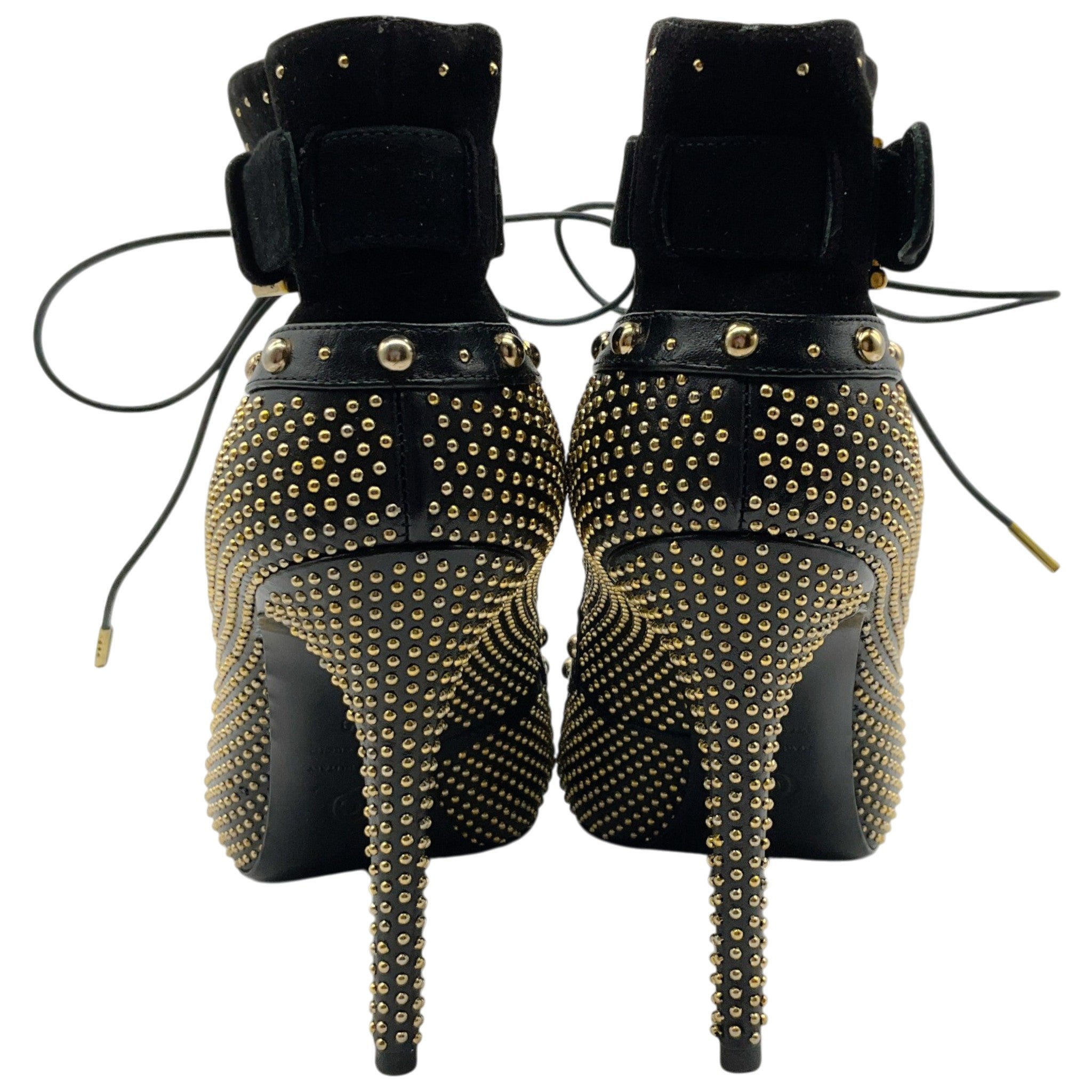 Alexander McQueen Black Suede / Leather Peep Toe Lace Up Booties with Gold Studs