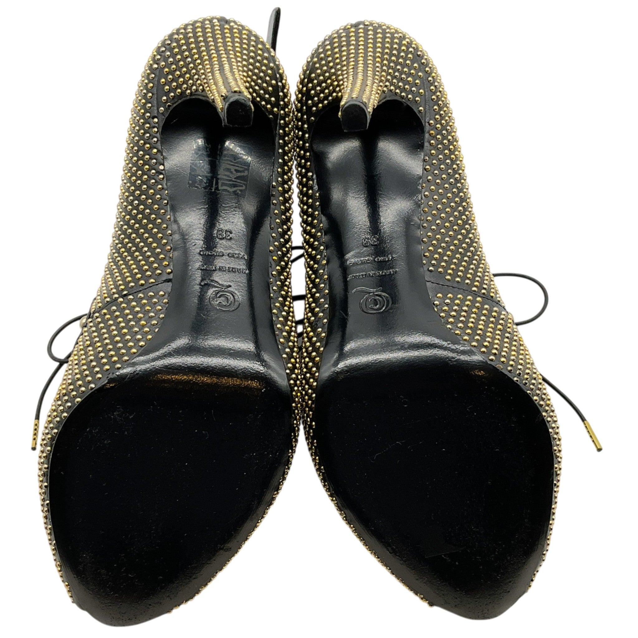 Alexander McQueen Black Suede / Leather Peep Toe Lace Up Booties with Gold Studs