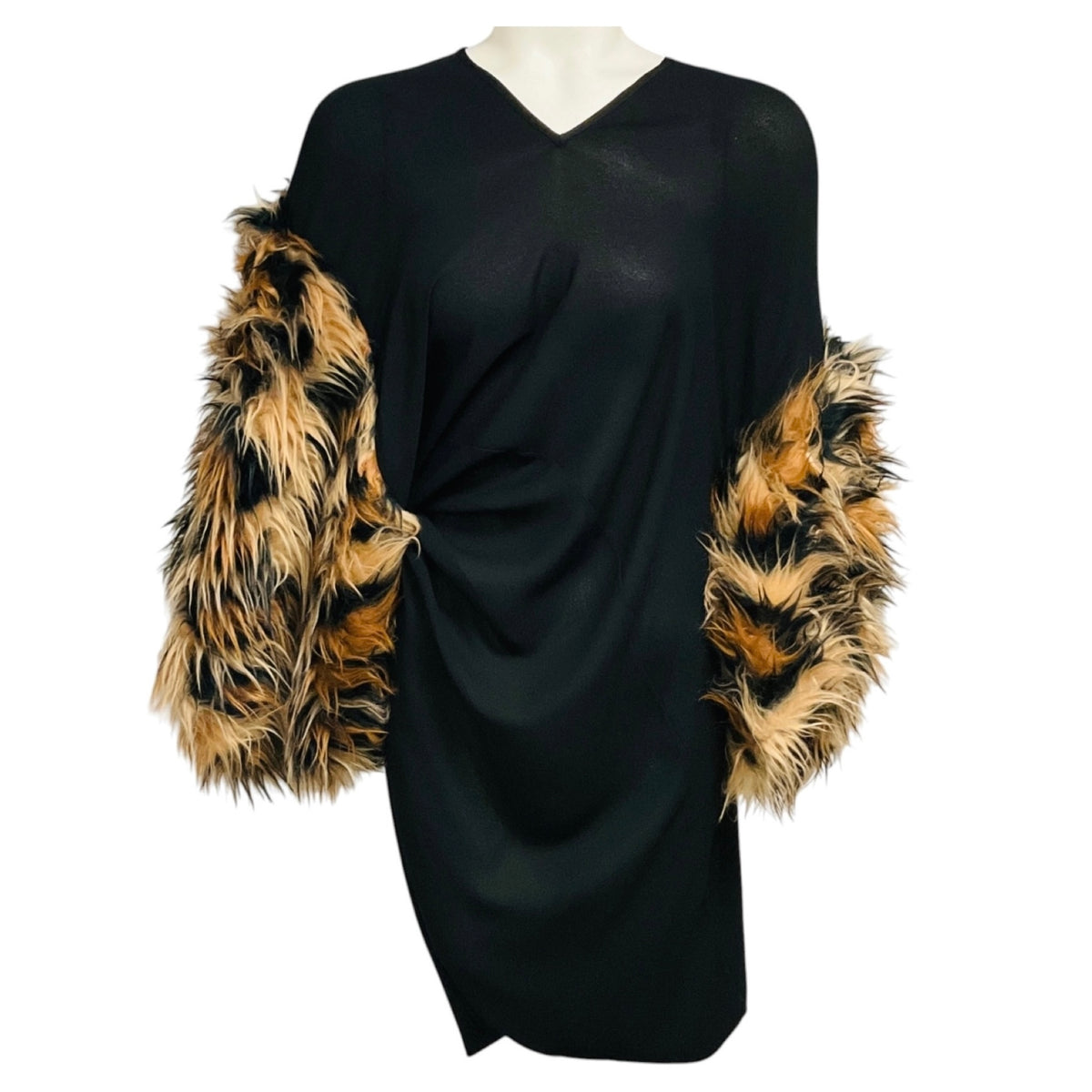 Junya Watanabe Black / Tan Faux Fur Embellished Asymmetric Crepe Dress