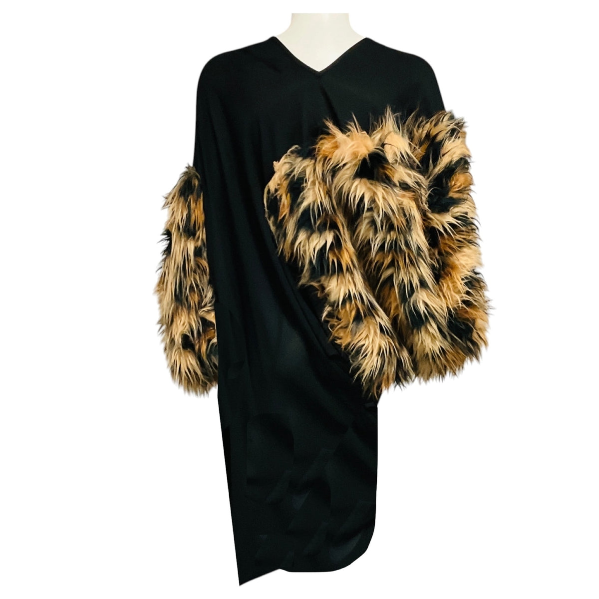 Junya Watanabe Black / Tan Faux Fur Embellished Asymmetric Crepe Dress