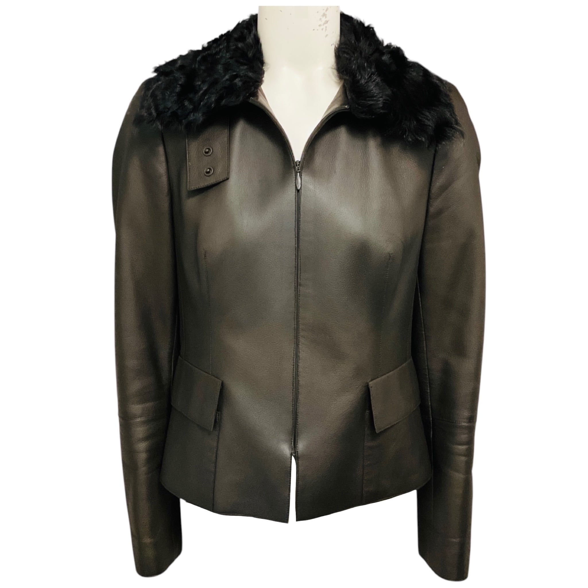 Akris Brown Zip Front Lambskin Leather Jacket with Lamb Fur Collar