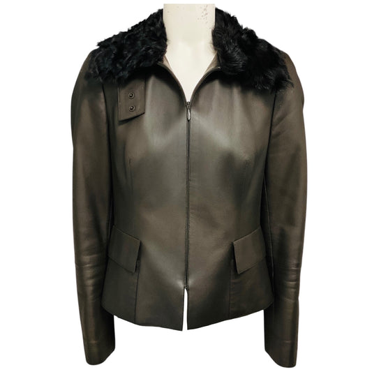 Akris Brown Zip Front Lambskin Leather Jacket with Lamb Fur Collar