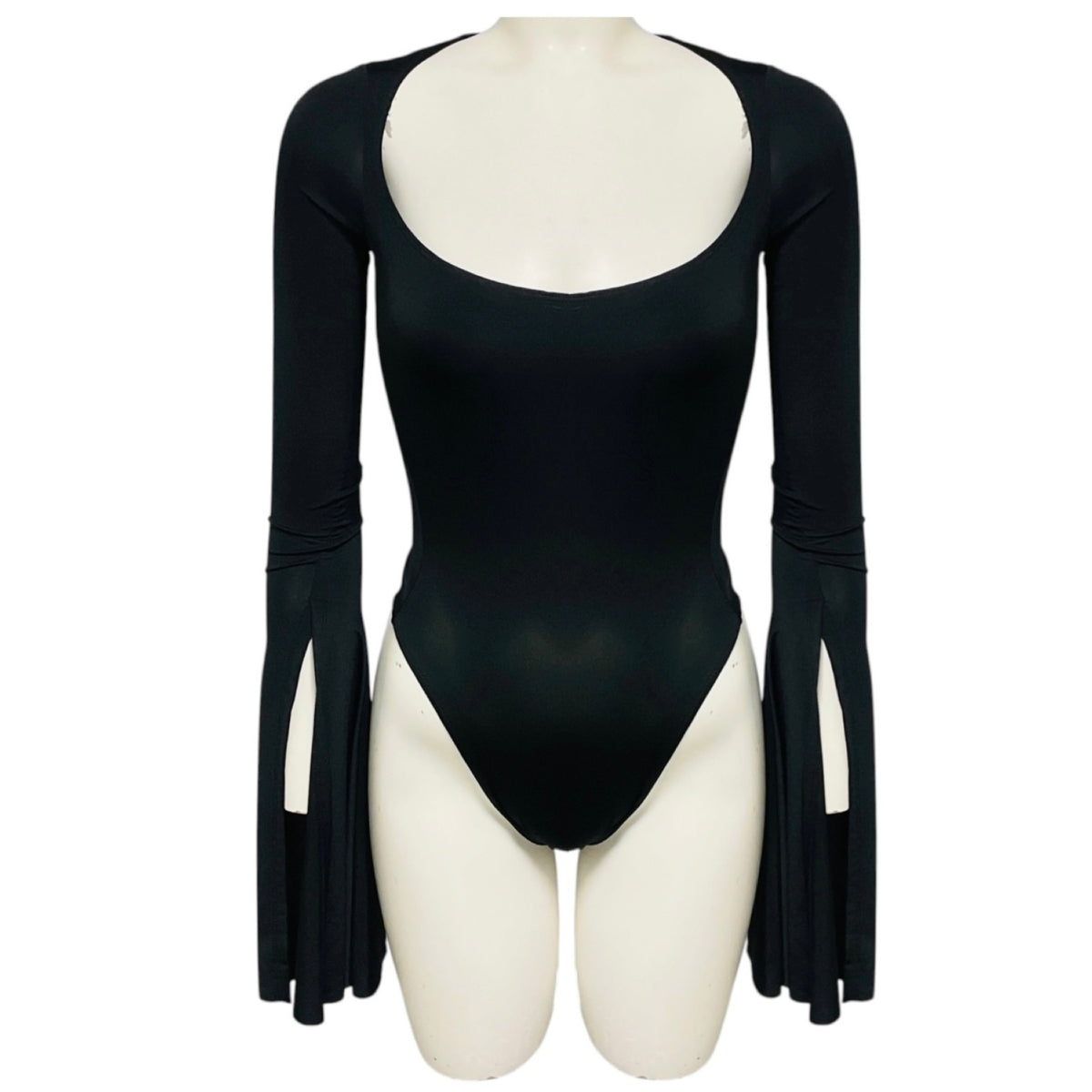Mugler Black Long Sleeved Scoop Neck Jersey Bodysuit with Slits