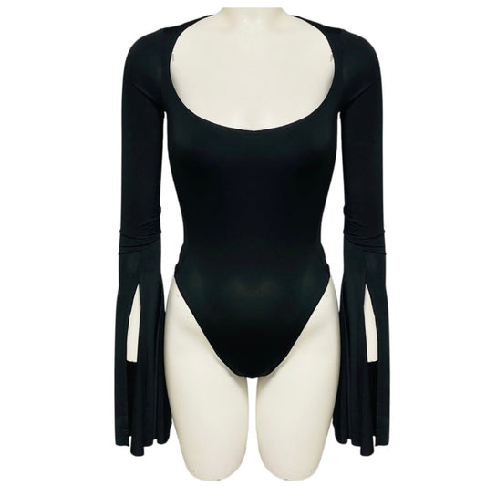 Mugler Black Long Sleeved Scoop Neck Jersey Bodysuit with Slits