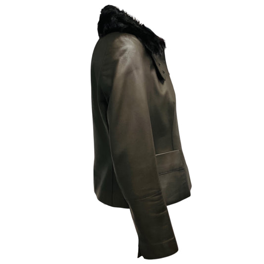 Akris Brown Zip Front Lambskin Leather Jacket with Lamb Fur Collar